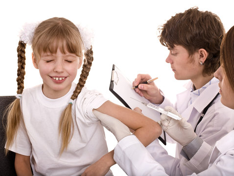 Group doctor inject inoculation to child. Isolated.