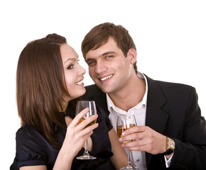 Couple of girl and man kiss and drink wine. Isolated.