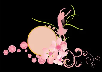 Foto op Plexiglas roze abstract ornament met dansend meisje en bloemen © Cherju