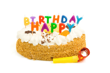 colorful birthdaycake with cream with happy birthday candles on