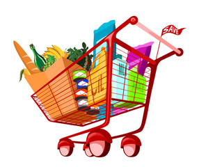 Illustration of groceries in a shopping cart