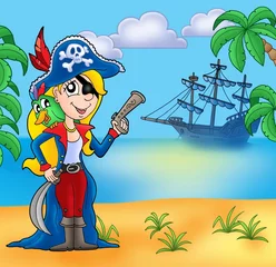 Deurstickers Piraten Piratenmeisje op het strand 2