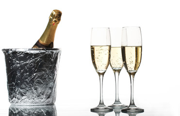 Champagne flutes and ice bucket