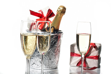 Champagne flutes and ice bucket