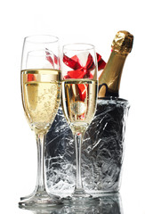 Champagne flutes and ice bucket
