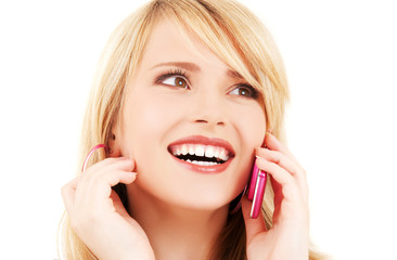 portrait of happy girl with pink phone