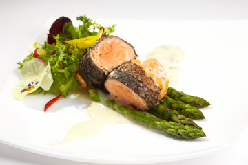 Rosemary roasted salmon served with asparagus