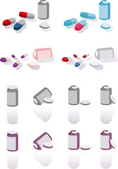 Pillbox with label, cap open and scattered pills icons set, medi