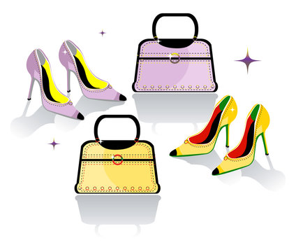 Color stiletto shoes and bag, vector fashion illustration set, c