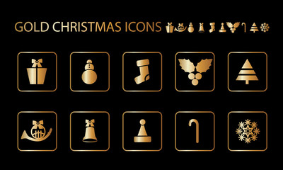 Gold abstract vector illustration of christmas icons and symbols