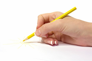female hand holding yellow pencil