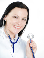 smiling brunette doctor woman holding stethoscope