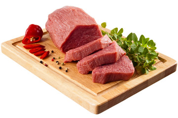 Raw beef on cutting board isolated on white background