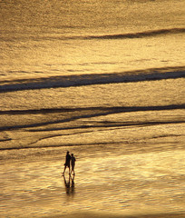 Fototapeta na wymiar two persons walking on the beach under a golden sunset