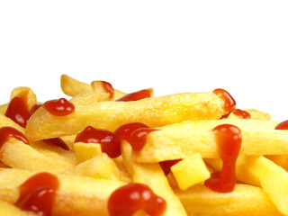 French fries with ketchup on white background