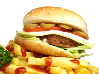 Cheesburger with french fries on white background