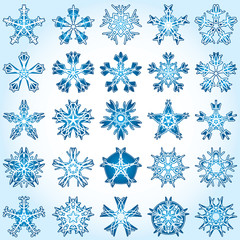 Fototapeta na wymiar Set of 25 a five-rays crystal gradient snowflakes.