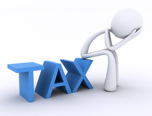 3D Character with head in hands, sitting on the word Tax