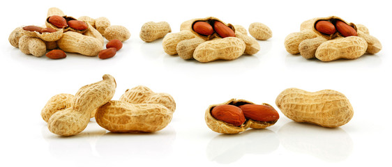 Set of Ripe Dried Peanut Fruits Isolated on White