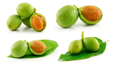Set of Ripe Green Walnuts Isolated on White