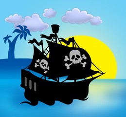 Zonsondergang met piratenschip silhouet