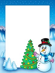 Winter frame with snowman and tree