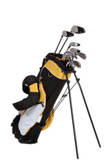 Golf clubs and bag on white