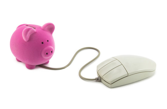 Piggy Bank With Computer Mouse. Clipping Path Included.