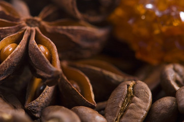 aroma coffe. ingredients. coffe beens, anise, sugar