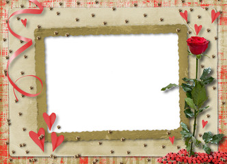 Card for congratulation or invitation with red hearts and red ro