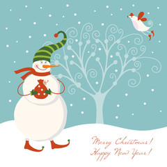 cute christmas snowman with bird