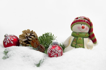 Schneemann mit Schnee und Christbaumkugeln