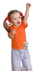 Child girl in orange with dollar banknote. Isolated.