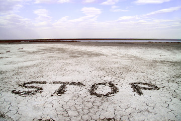 Stop sign on a desert land