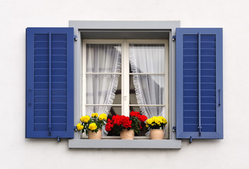 Fototapeta premium windows with flowers in hanging flower pots