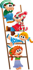 Staircase with children. Funny vector and cartoon scene.