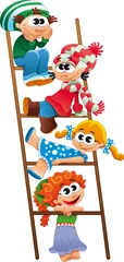 Tuinposter Staircase with children. Funny vector and cartoon scene. © ddraw