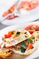 Cheese with white mildew marinated with garlic