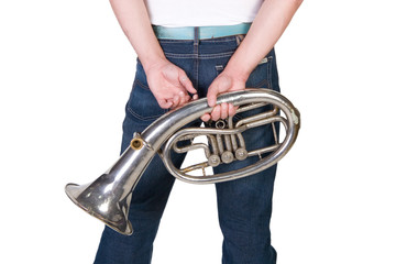 Man holding a horn (isolated on white)