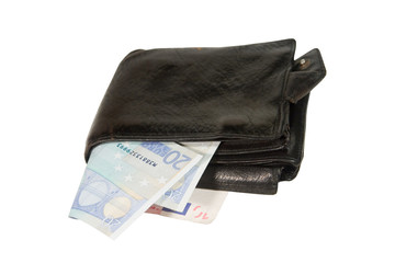 Euro bills in an old black leather wallet (isolated on white)