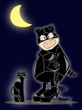 Catgirl Pig with black cat in the dark night