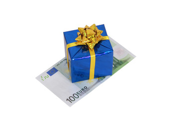 Blue gift and one hundred euro isolated on white background