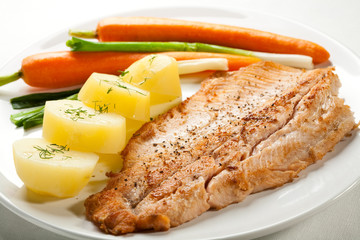 Fish dish - fried fish fillet with potatoes and vegetables