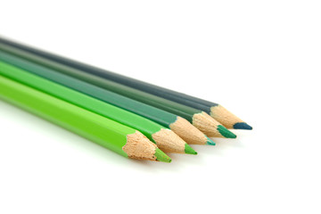 Green pencils in closeup over white background