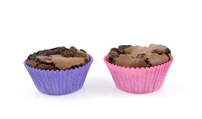 home baked brownie cupcakes over white background
