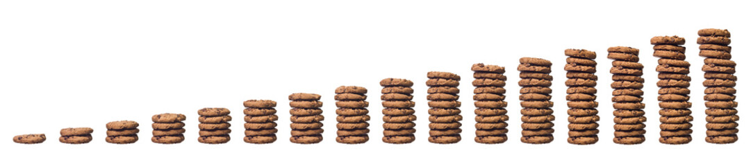 Growing number of cookies stacked, isolated on white