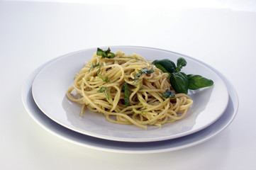 spaghetti with organic home made pesto on a plate