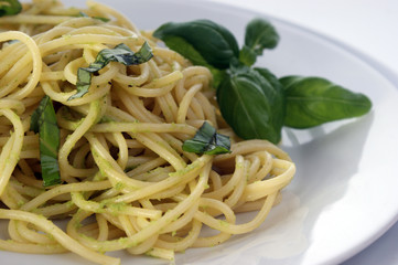 spaghetti with organic home made pesto on a plate