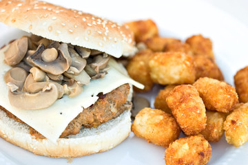 Swiss burger and tator tots