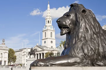 Deurstickers Statue of a lion in Trafalgar Square in London © kmiragaya